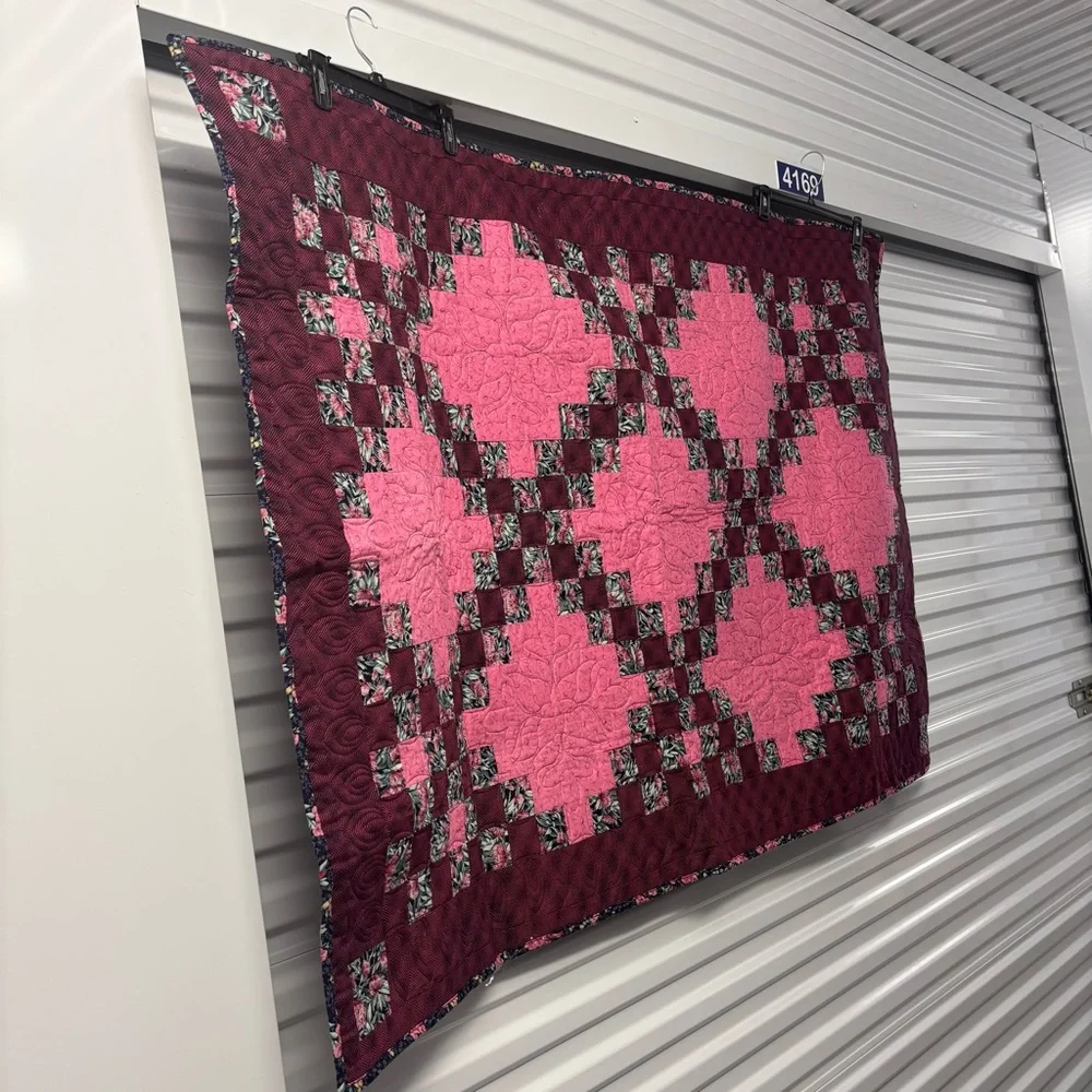 Handcrafted Pink and Burgundy Quilt Throw - Picture 3 of 4